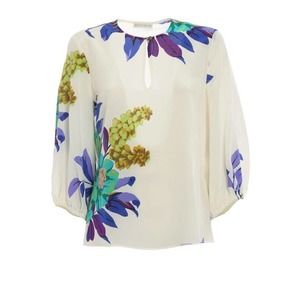 Etro Womens Silk Blouse 42 Floral Front Neck Clasp Ballon Sleeve